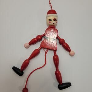 Vintage Wood Jumping Jack Santa Claus Jester Pull String Christmas Ornament